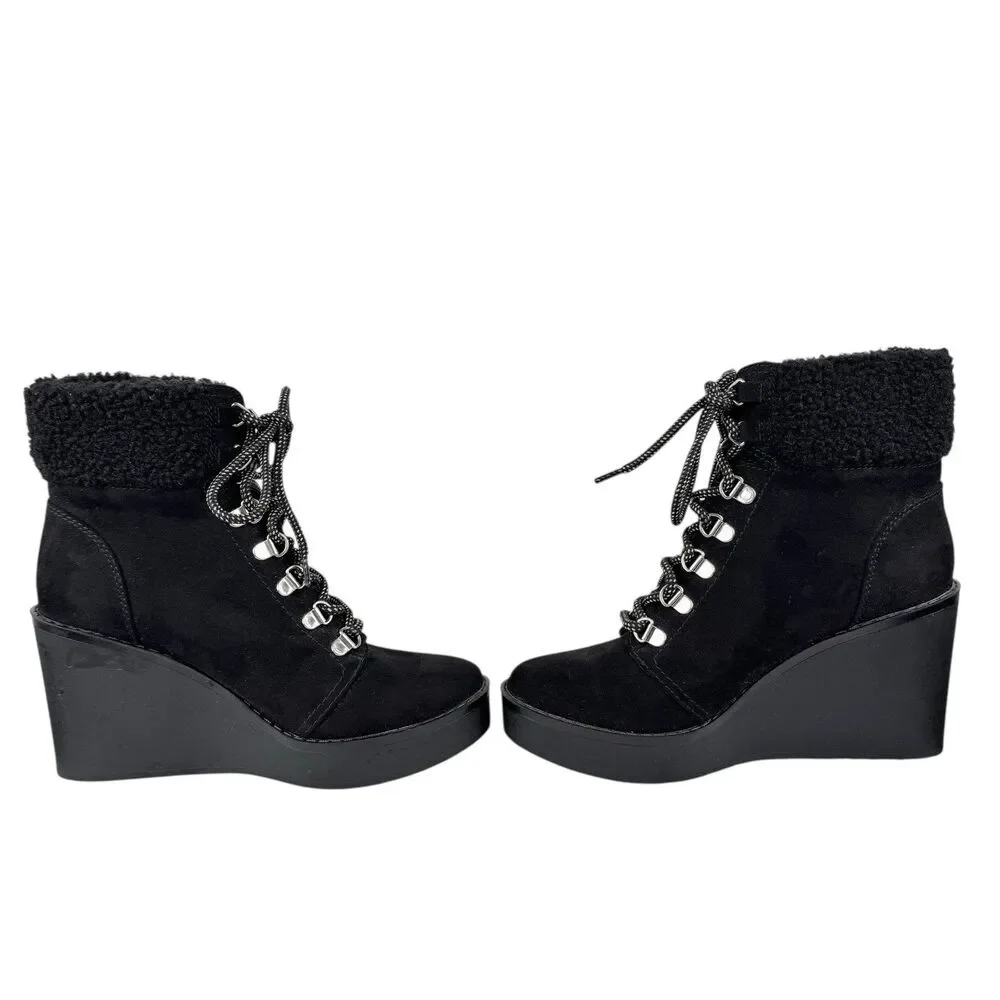 Esprit Roxy Womens Suede Wedge Faux Fur Ankle Bootie 7M‎ Black Lace Up Cozy